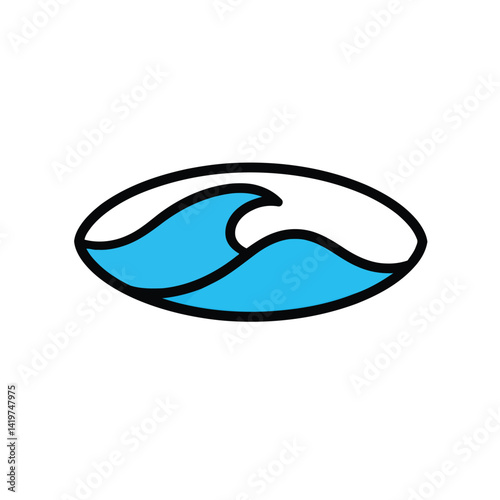 A minimalist vector logo a sky-blue abstract wave icon with a bold black outline, centered on a white background. Geometric shapes, clean lines, balanced symmetry, modern and clean design