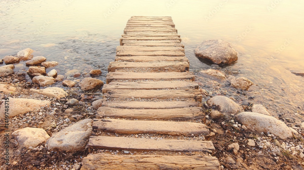 Fototapeta premium Long wooden pier extending into calm water du sunrise with rocks and pebbles along the shoreline creating a tranquil and peaceful coastal scene