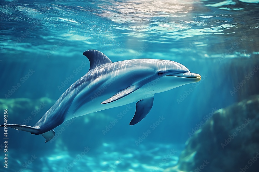Fototapeta premium Swimming Dolphin In Blue Underwater Environment Illuminated By Sunlight
