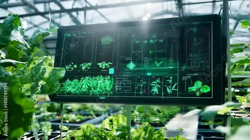 High-tech greenhouse with digital monitor displaying plant growth data and lush greenery in background