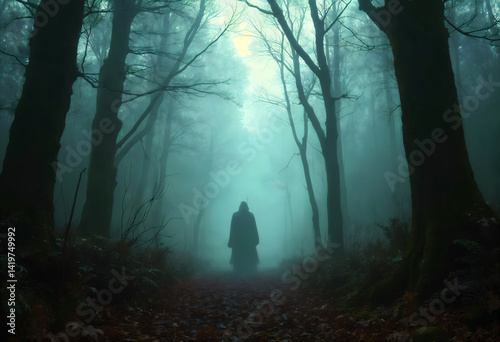 a dark silhouette of a man standing in the center of the frame, on a road in a foggy forest