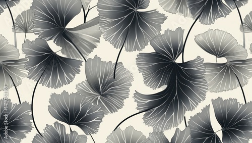 Elegant Monochrome Botanical Print Seamless Pattern of Gray Leaves on Cream Background