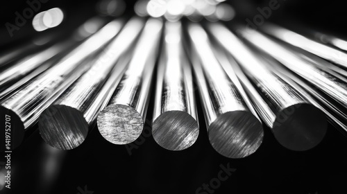 Close-Up View of Metallic Rods in Monochrome Setting for Industry