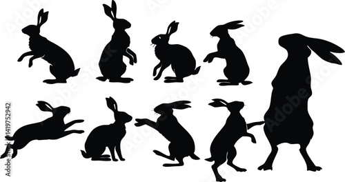 Black silhouettes, rabbit outlines, multiple bunnies, side view, repetitive pattern, Easter theme, rabbit poses, minimalist design, wildlife illustration, monochrome artwork, vector graphics, animal s