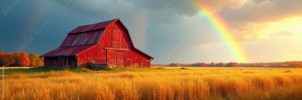Charming barn nestled in golden field, vibrant fall rainbow overhead , sunset, architecture Charming barn nestled in golden field, vibrant fall rainbow overhead , sunset, architecture