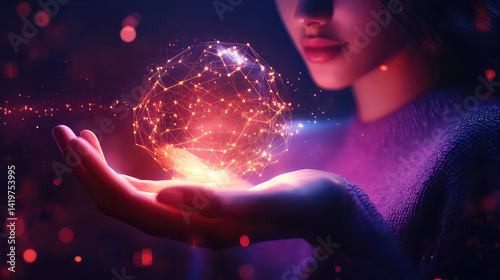 Hand Holding Glowing Digital Network Sphere