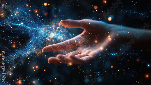 Hand Reaching for Cosmic Digital Galaxy Glow