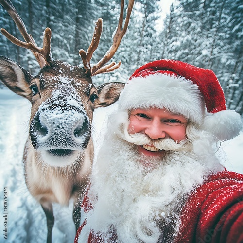 Santa Claus Taking Selfie with Reindeer in Snowy Forest