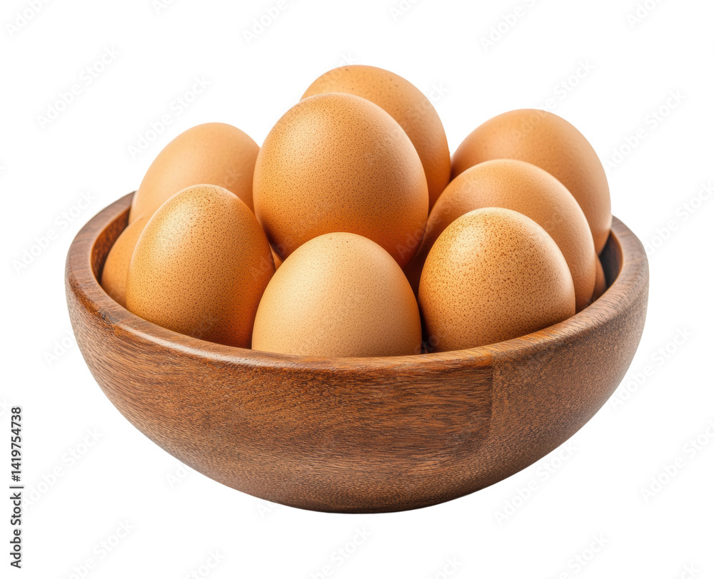 Gathering fresh eggs in a wooden bowl kitchen food isolated on transparent background Gathering fresh eggs in a wooden bowl kitchen food isolated on transparent background