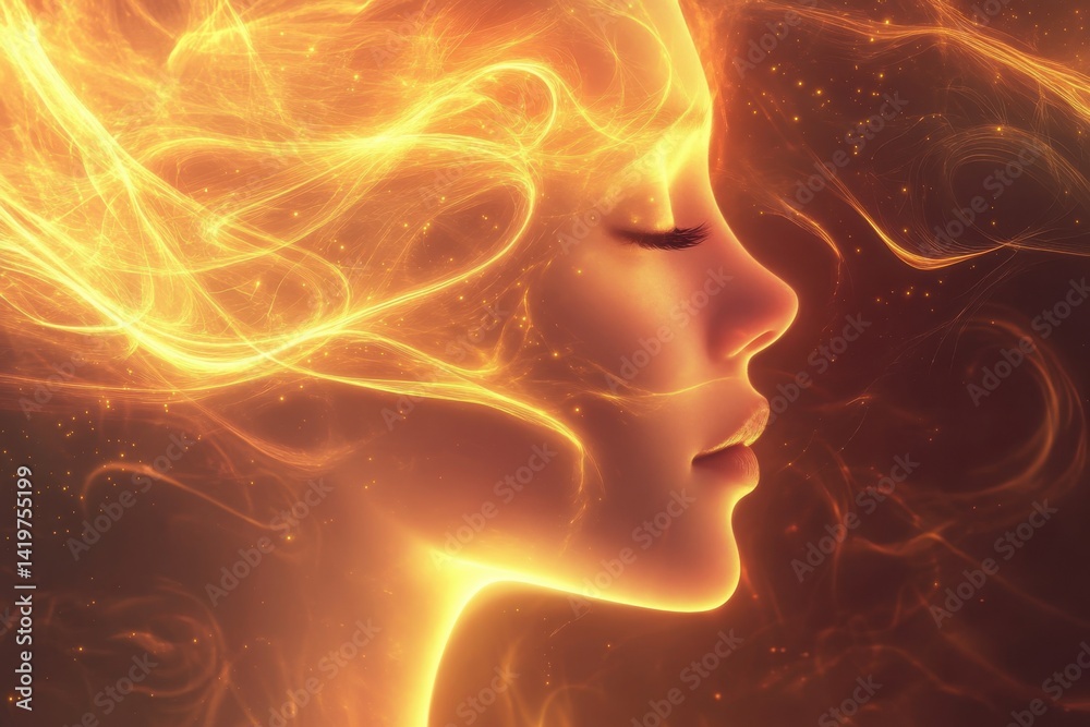 Glowing profile of a serene woman immersed in fiery ethereal light