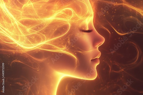 Obraz na płótnie Glowing profile of a serene woman immersed in fiery ethereal light w salonie