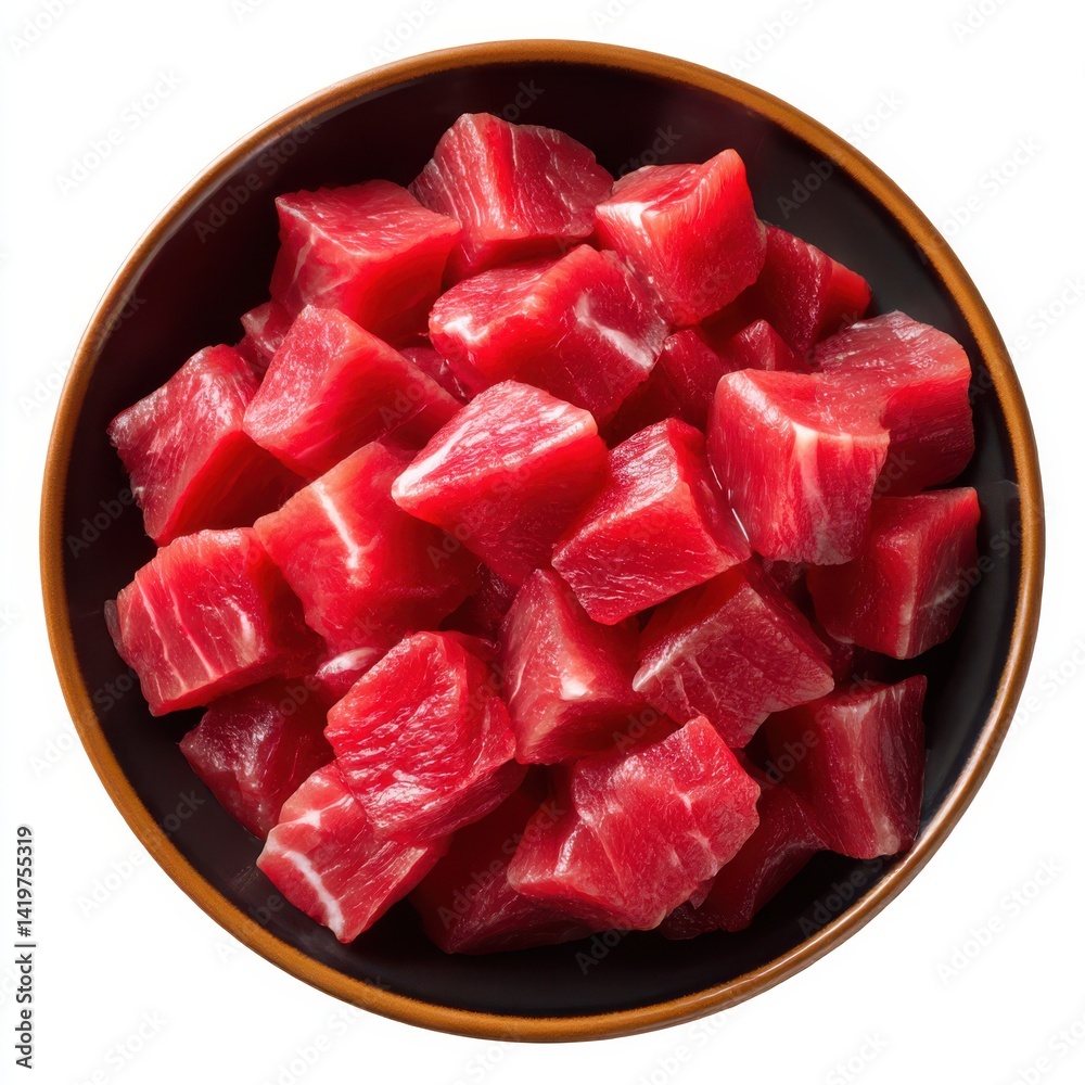 Diced raw beef cubes in bowl on white background