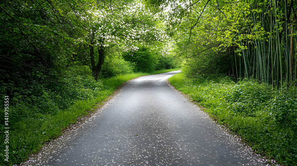 Fototapeta premium Scenic Pathway Through Lush Green Forest With White Petals