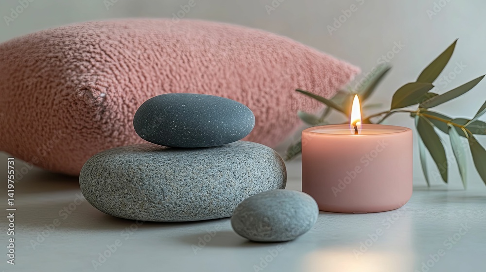 Obraz premium Pink candle, stones, and pillow promote tranquility.