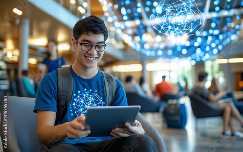 Student engrossed in digital learning experience in a modern university campus.  A vibrant image of a student using a tablet, highlighting the future of education.