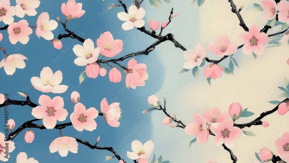 Fototapeta premium Delicate Pink Cherry Blossoms on Branches Soft Pastel Spring Floral Art Japanese Style Nature