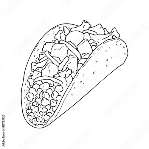 A black and white vector-style line drawing of a classic Mexican taco with detailed fillings including ground meat, shredded lettuce, and vegetables inside a soft tortilla shell. Great for food menus