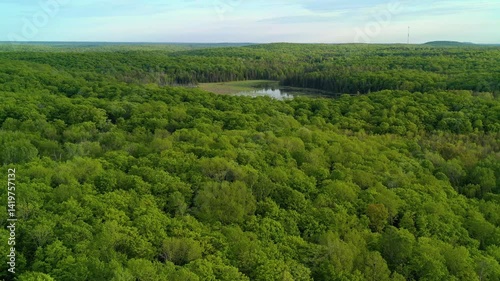 Aerial view flying over a lush green forest towards a marsh during the spring at sunset. Hills and woods go on in the background with a communication tower.
