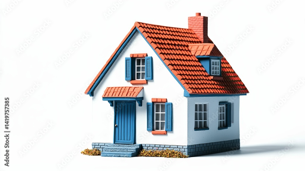 Miniature model home with terracotta roof and blue trim. Miniature model home with terracotta roof and blue trim.