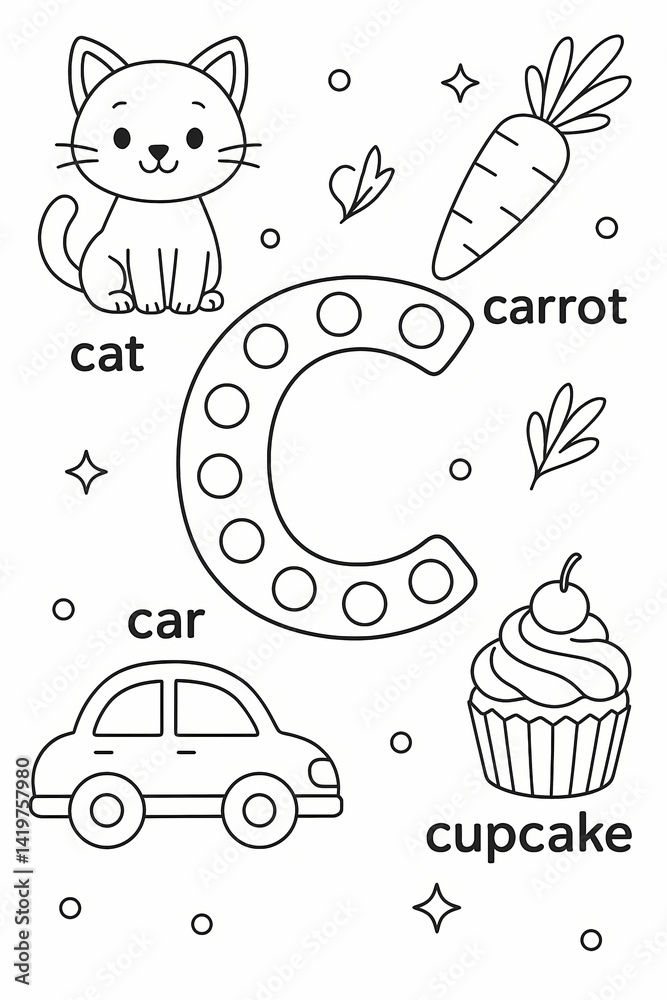Fototapeta premium Fun Educational Coloring Page for Kids Featuring Cat, Car, and Cupcake