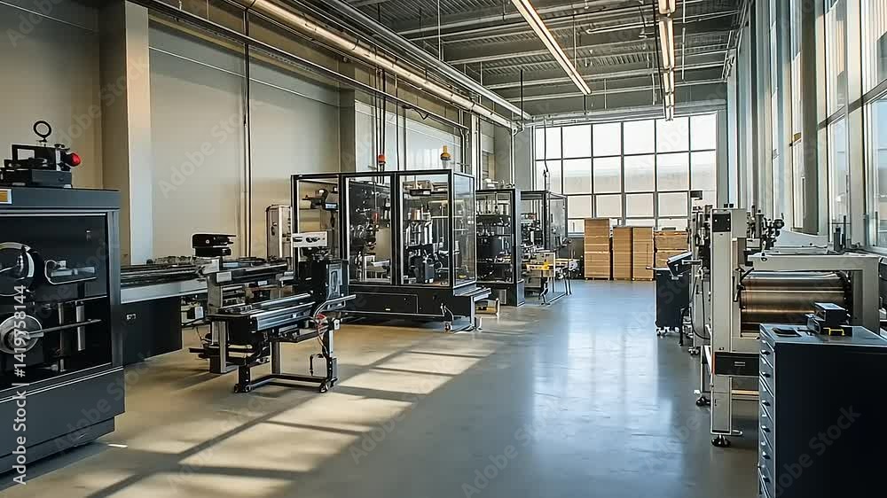 Modern industrial workspace featuring advanced machinery and equipment with natural light streaming in Modern industrial workspace featuring advanced machinery and equipment with natural light streaming in