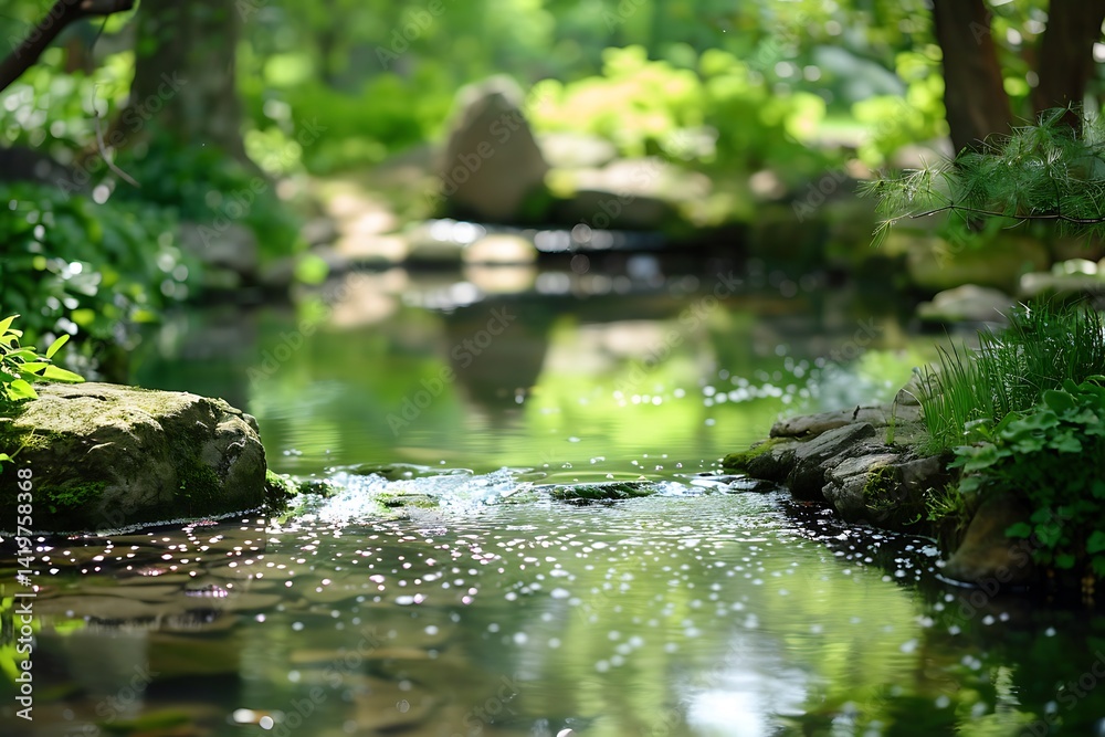 Tranquil Stream Flowing Through A Lush Green Forest Environment With Sparkling Water Surface