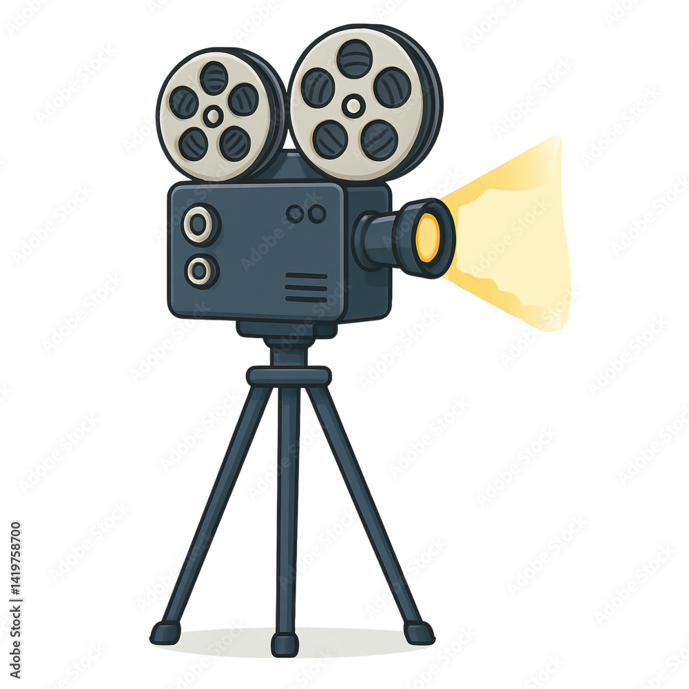 Obraz premium A vintage film camera with reels, projecting light, mounted on a tripod.