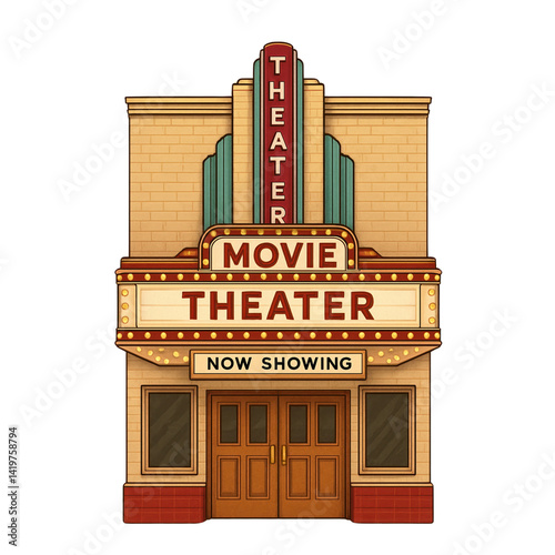 A vintage movie theater with bold signage and art deco design, featuring a marquee that indicates films are currently showing.