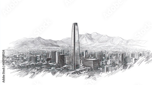 City Skyline Sketch, South American City, Mountain Background, Architectural Drawing, Stock Photo