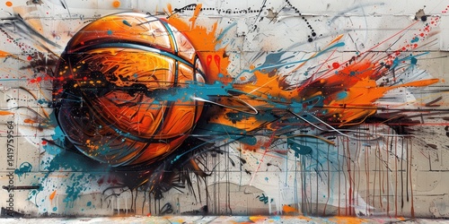 Graffiti-style basketball artwork with splashes and streaks of orange and blue paint on a white wall, high-resolution, hyper-realistic details.