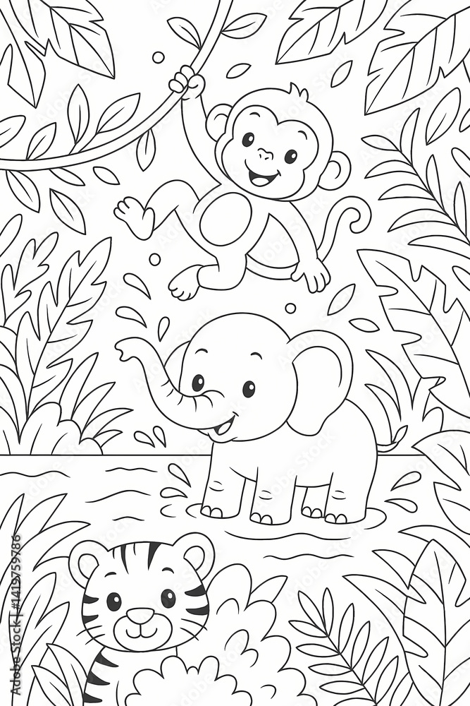 Fototapeta premium Cute Jungle Animals Coloring Page for Kids with Monkey, Elephant, Tiger