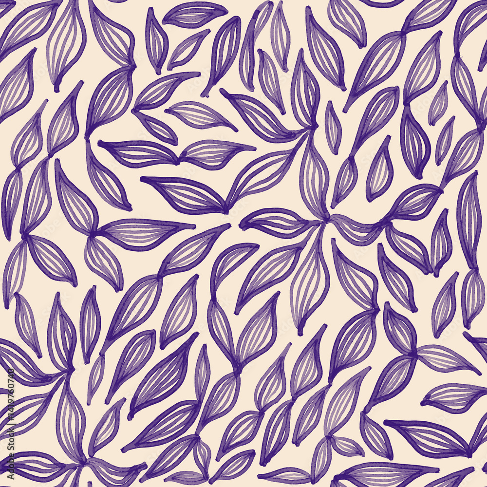 watercolor seamless hand drawn outline pattern with leaves silhouettes