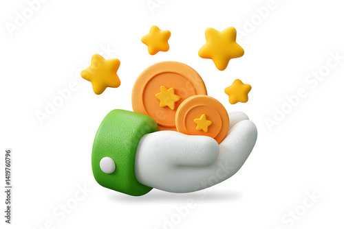 a 3d rendering cartoon hand tenderly cradles gold coins, augmented by radiating stars, evoking a sense of valuable rewards, with hints of achievement and financial prosperity.