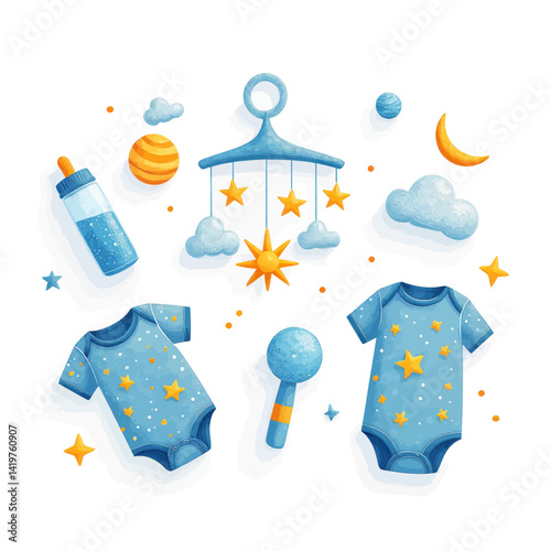 Baby shower themed illustration with blue and orange elements