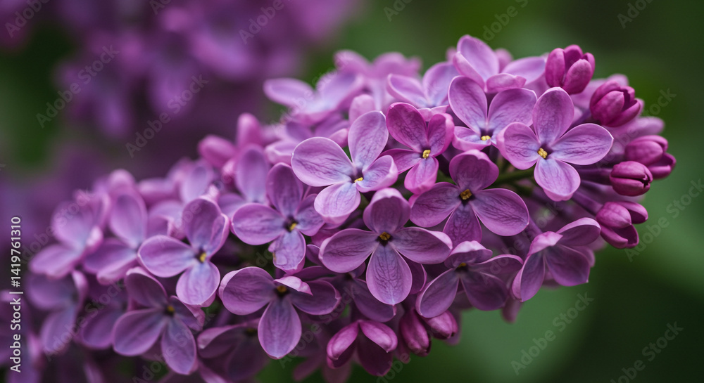 A close up view of a lilac flower cluster with purple petals and green background in soft focus A close up view of a lilac flower cluster with purple petals and green background in soft focus
