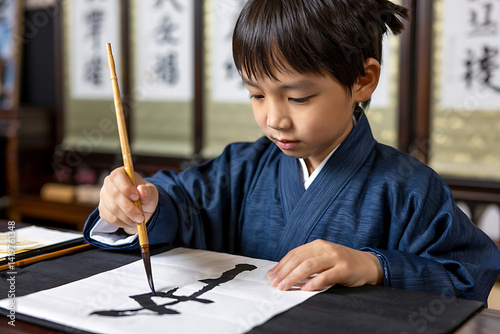 Young Chinese boy in traditional clothing practices calligraphy concentrating with a brush in his hand conveying dedication and cultural heritage.