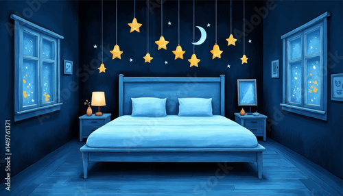 Blue Bedroom with Stars and Moon Decor