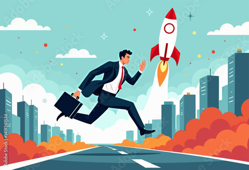 Business man with briefcase runs toward rising rocket ship