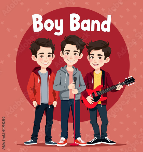 Cartoon Boy Band with Guitar and Microphone on Red Floral Backdrop