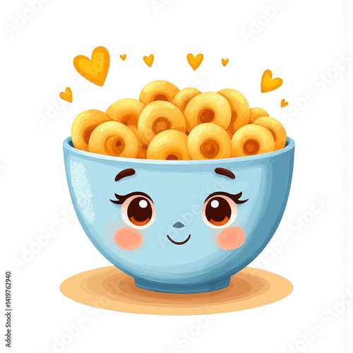 Cartoon bowl of cereal with a cute face and hearts