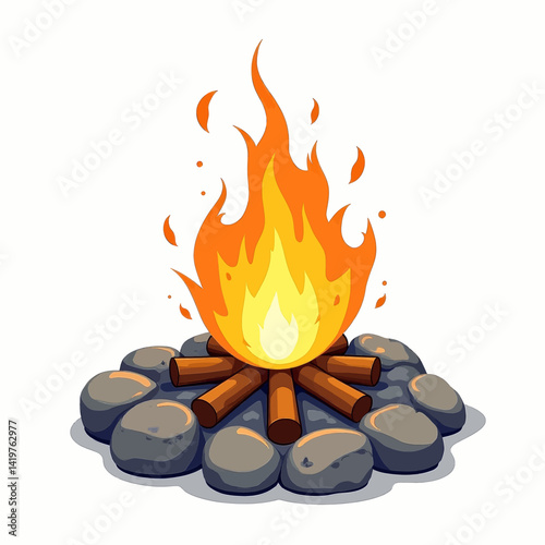 Cartoon Campfire with Rocks and Logs on White
