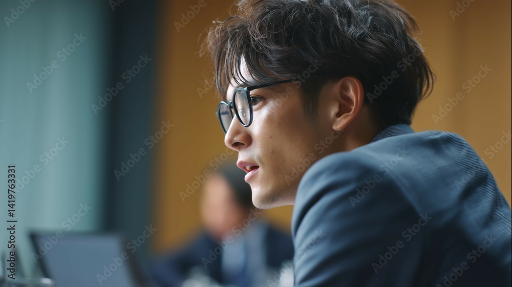 Obraz premium 会議で発言をする日本人男性
