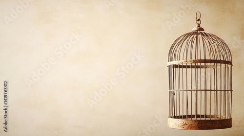 Empty birdcage hanging against a plain beige background with space for text or design, symbolizing freedom captivity or escape concept for creative projects