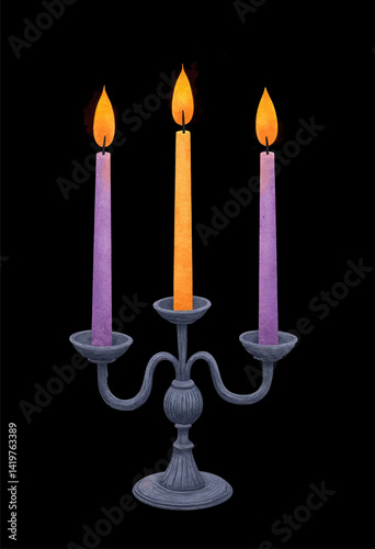Candelabra with Purple and Orange Candles Lit on Black