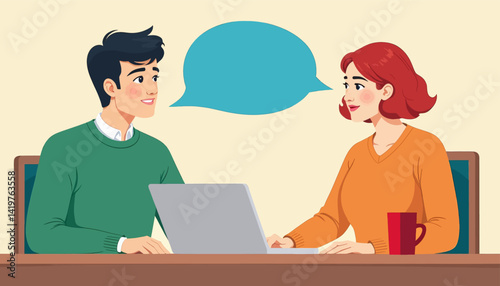 Cartoon Couple Chatting Over Laptop with Speech Bubble