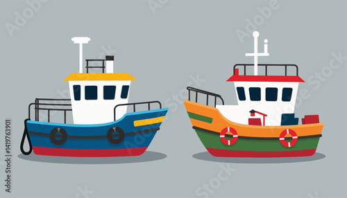 Cartoon Fishing Boats, Blue and Orange, Gray Background