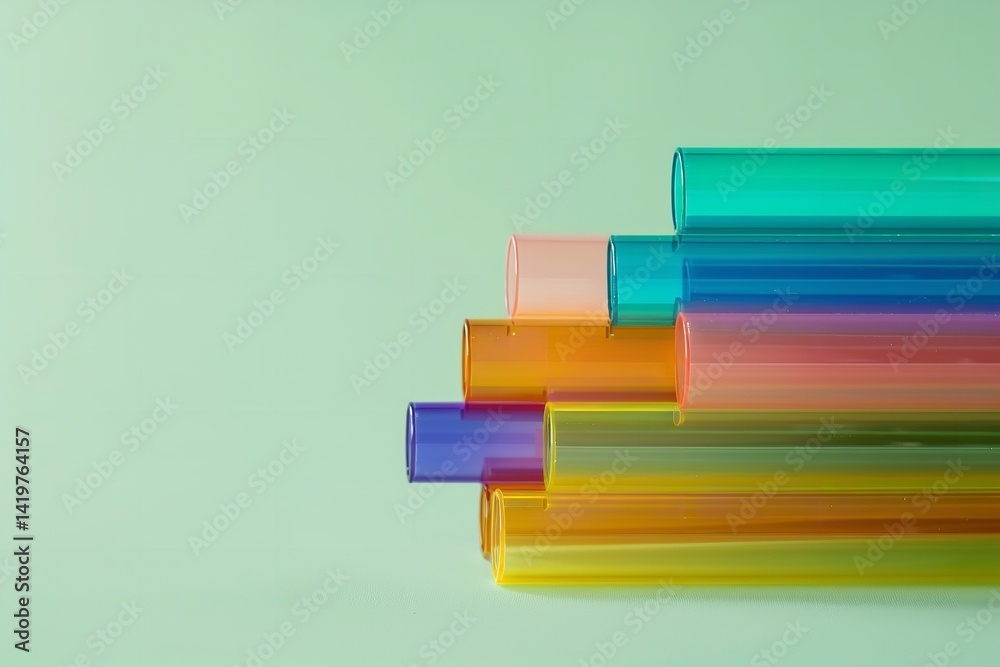 An array of hued polymethyl methacrylate (PMMA) tubes over a pale green setting shows a fresh and vivid low poly style effort, Generative AI.