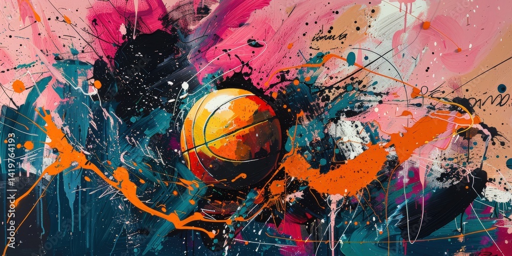 Obraz premium Abstract graffiti-style basketball painting with pink, orange tones and a splash of blue paint, dynamic and energetic.