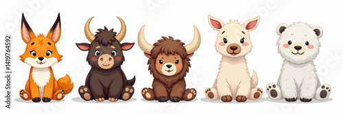 Cartoon Fox, Yak, Llama, and Polar Bear Group