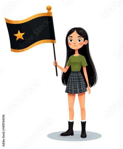 Cartoon girl holds black and gold star flag